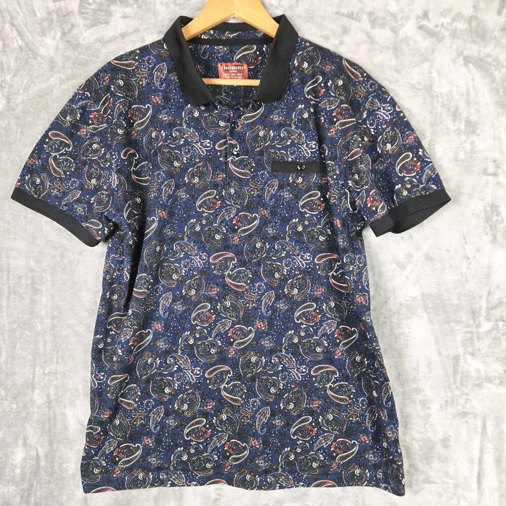 Consequence Short Sleeve Polo Shirt Blue Red Paisley Floral Mock Pocket Mens XL